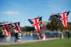 great britain celebration bunting with typical uk background in 113545770